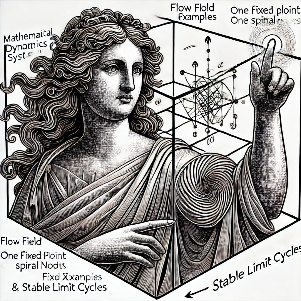 A detailed line drawing of an old wise goddess with flowing hair and robes, pointing her shining finger inside a large cube. The cube represents the configuration space of mathematical dynamical systems, containing flow field examples, one fixed point, spiral nodes, and stable limit cycles. The cube should show geometric shapes and arrows to signify the complexity and movement of these systems. A detailed line drawing of an old wise goddess with flowing hair and robes, pointing her shining finger inside a large cube. The cube represents the configuration space of mathematical dynamical systems, containing flow field examples, one fixed point, spiral nodes, and stable limit cycles. The cube should show geometric shapes and arrows to signify the complexity and movement of these systems.