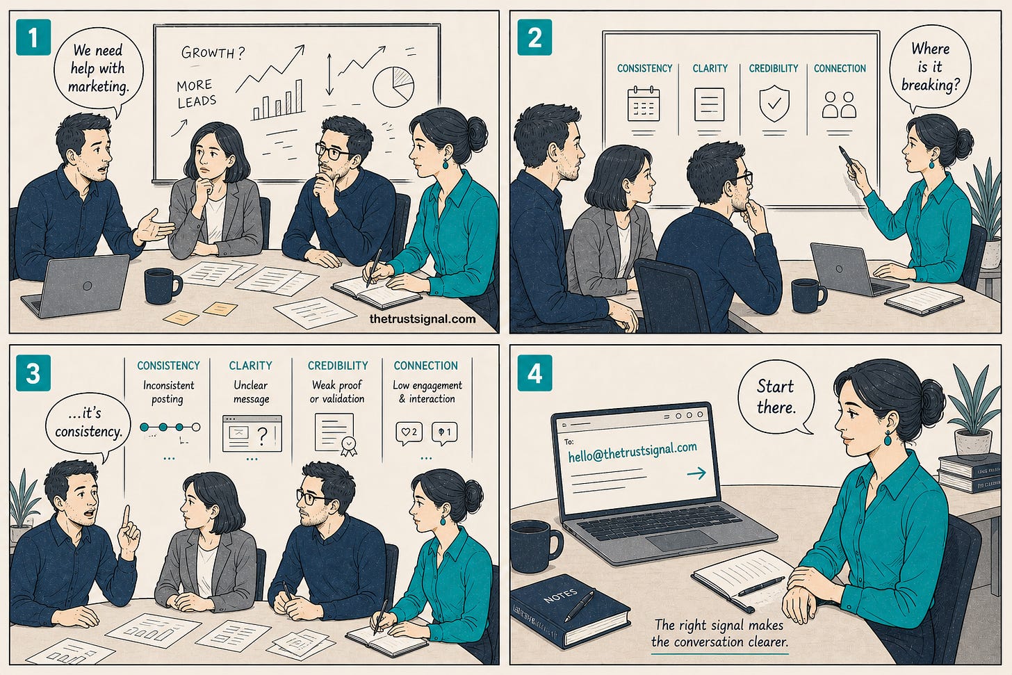 Four panel illustration showing a B2B team moving from we need help with marketing to identifying broken trust signals across consistency clarity credibility and connection before reaching out to Esme at hello@thetrustsignal.com to start the diagnostic conversation