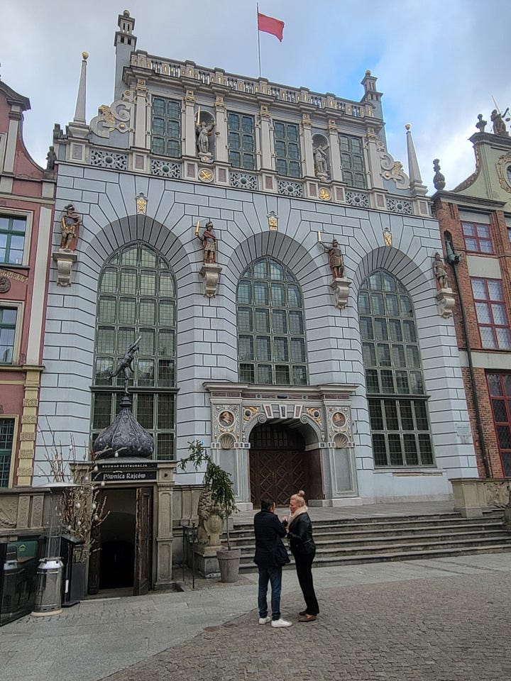 Five photographs of the historic main city in Gdansk, Poland.