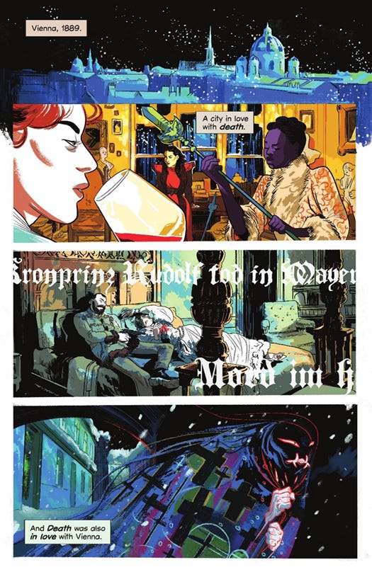 Beautiful opening page of "Dracula, Motherf**ker." Reads "Vienna, 1889," and shows the Brides, the Mayerling Incident, and Dracula himself.