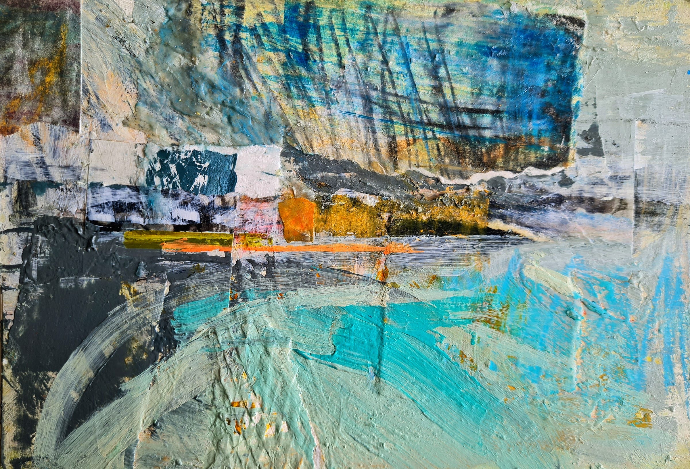 Abstract seascape painted in shades of blue, grey and turquoise.