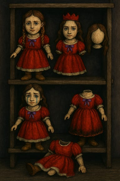 Create a picture of Blinsky's shelf of Ireena Kolyana dolls for Curse of Strahd, each unmistakably in Ireena's likeness:
- One with braids
- One with a crown of red felt
- One unfinished—no face, just hair
- One with stitched tears
- One burned at the hem
- One headless