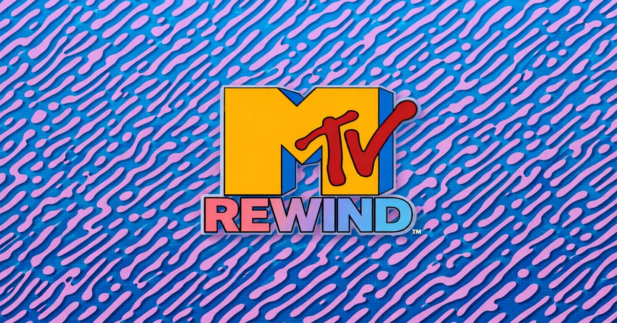 MTV Rewind logo: yellow M with red "tv" and REWIND gradient text on a blue background patterned with pink wavy stripes.