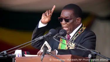 Emmerson Mnangagwa speaking on a podium in 2023. Emmerson Mnangagwa speaking on a podium in 2023.