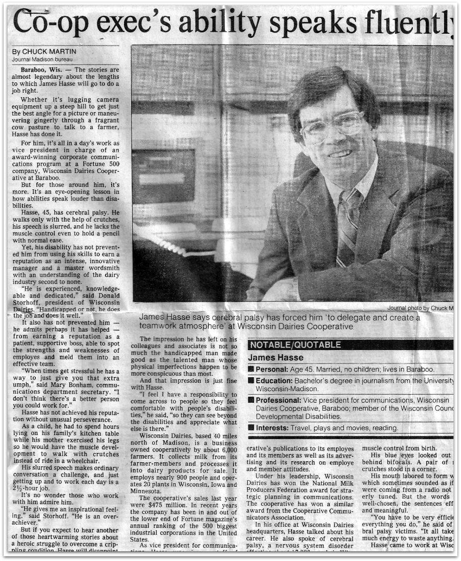 Milwaukee Journal article with photo of Jim, Hasse at office desk: ""Co-op exec's ability speaks fluently."