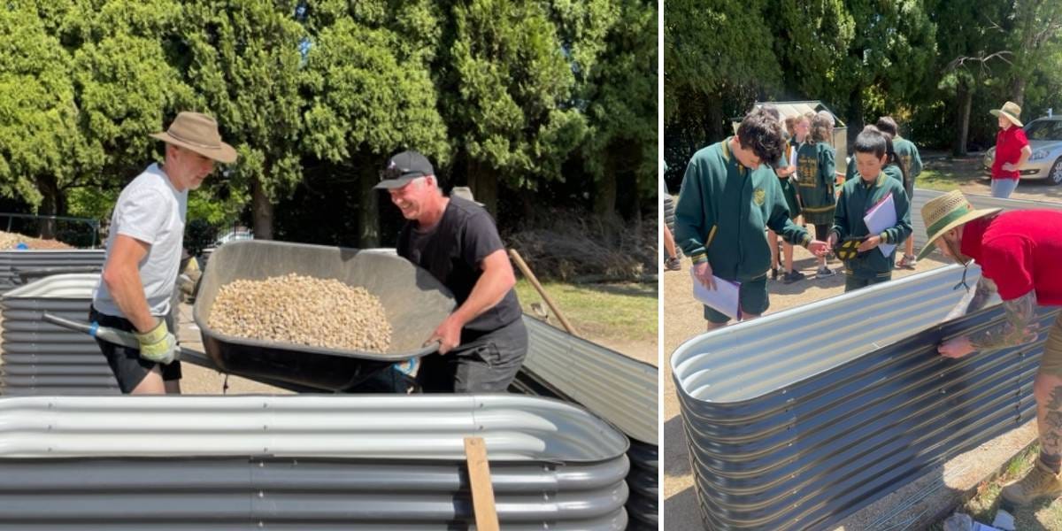 Parents (Sam and Brad) helping load aggregate into the beds and students (Sebastian and Jamie) calculating the volume of the garden beds.
