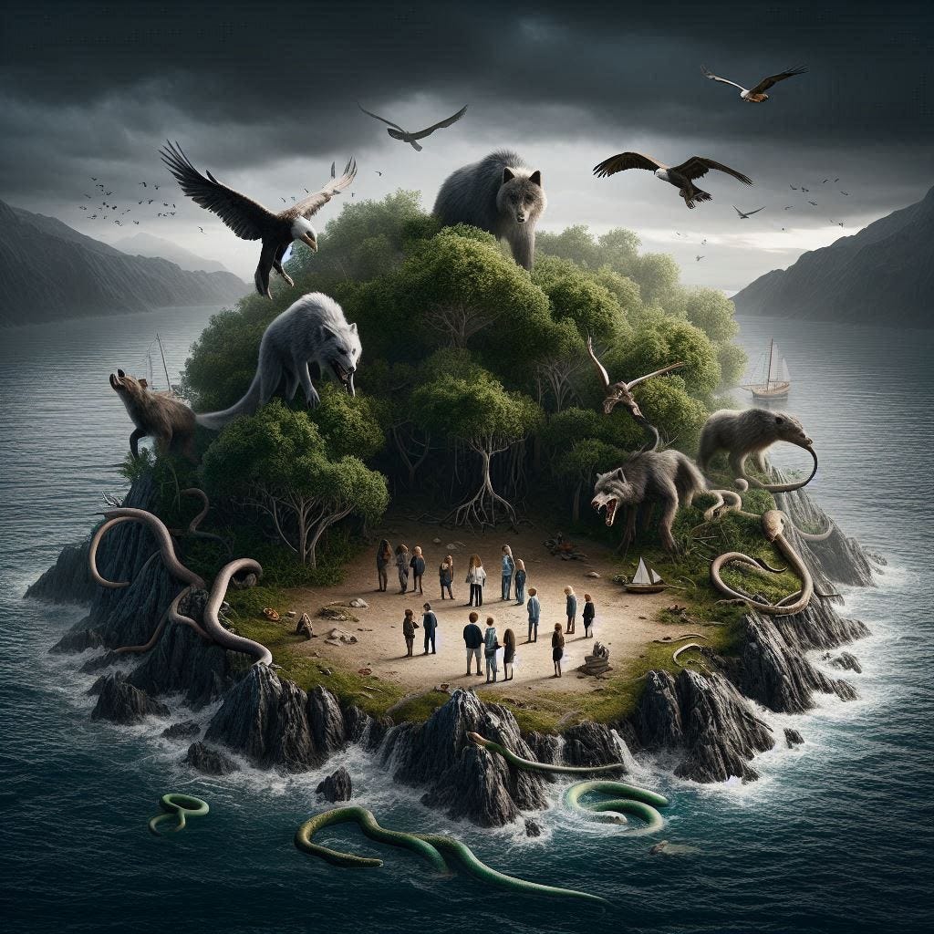 Thumbnail Image A conceptual landscape image representing the idea of 'dropping your children on an island of predators'. The scene should depict a small, isolated island surrounded by dark, ominous waters. On the island, a group of small, vulnerable children stand together, looking uncertain or scared. Around them, hidden in the shadows or emerging from the jungle, are various predatory animals like wolves, snakes, and large birds of prey, watching them. The atmosphere should be tense and foreboding, with dramatic lighting and a surreal, metaphorical tone. No text in the image. Horizontal landscape orientation.