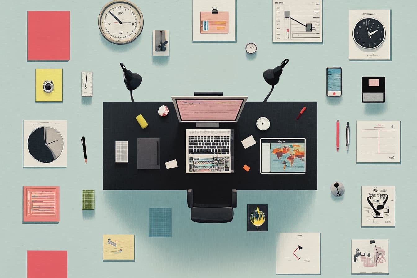Top view illustration of a desk surrounded by clocks and notepads