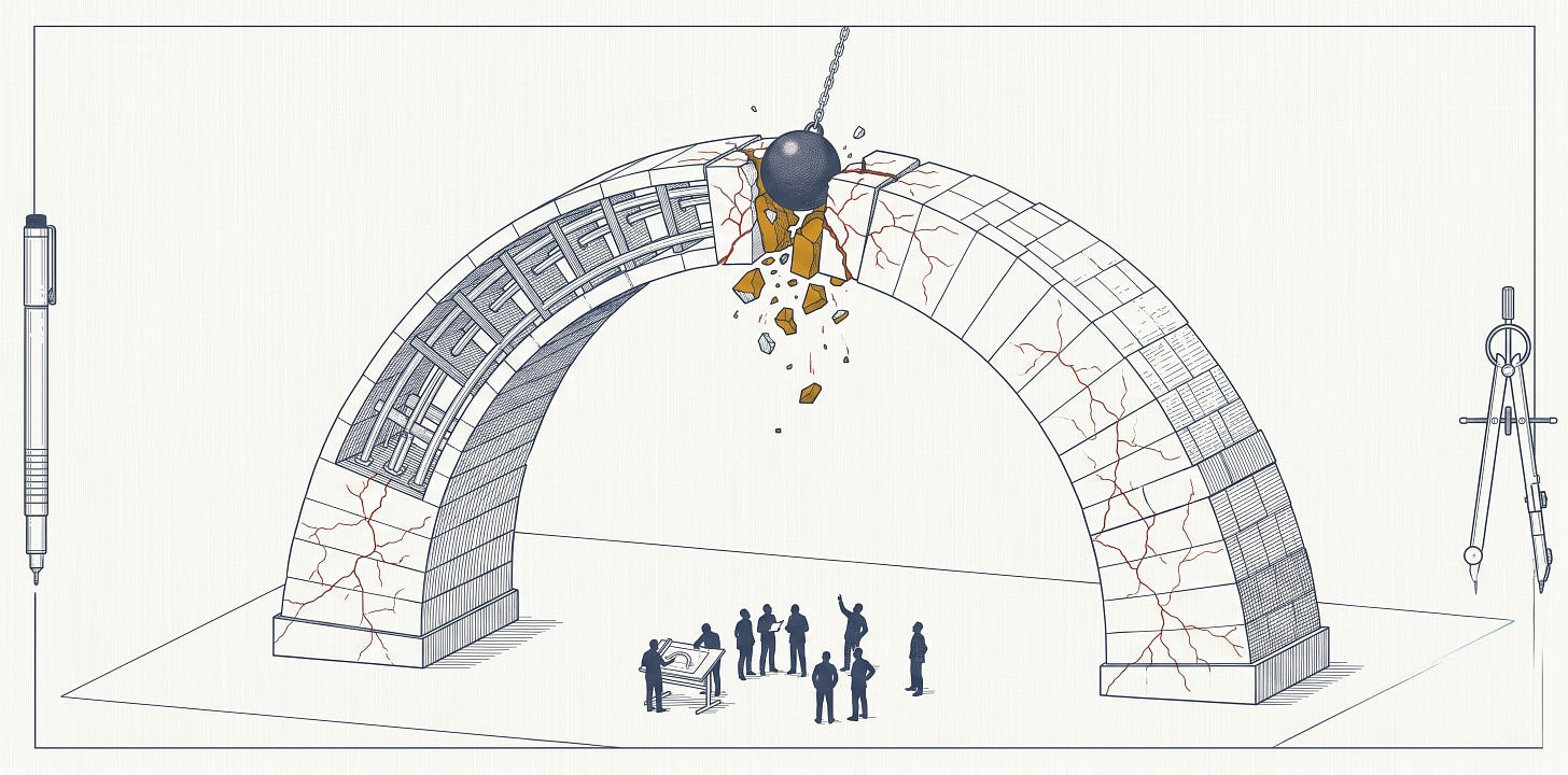 Precision technical illustration in slate-blue linework on an off-white linen ground, framed by a drafting pen and compass. A complete freestanding stone arch is struck at its crown by an iron wrecking ball on a chain, shattering the amber-gold keystone as red fracture lines spread down both legs. A small group of figures stands directly beneath the span, within the collapse zone.