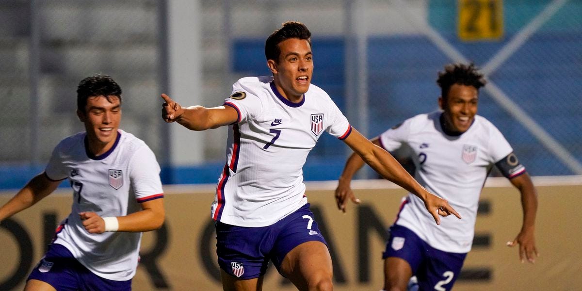 Quinn Sullivan playing for the USA U-20 team, after scoring a goal.