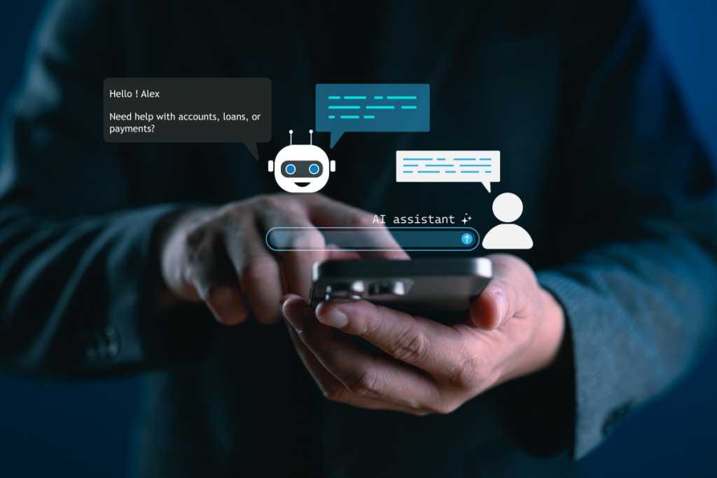 AI assistant chatbot concept showing smart virtual assistant responding to user via smartphone. Ideal for customer support, automation, NLP, AI interaction and digital service platforms. AI assistant chatbot concept showing smart virtual assistant responding to user via smartphone. Ideal for customer support, automation, NLP, AI interaction and digital service platforms