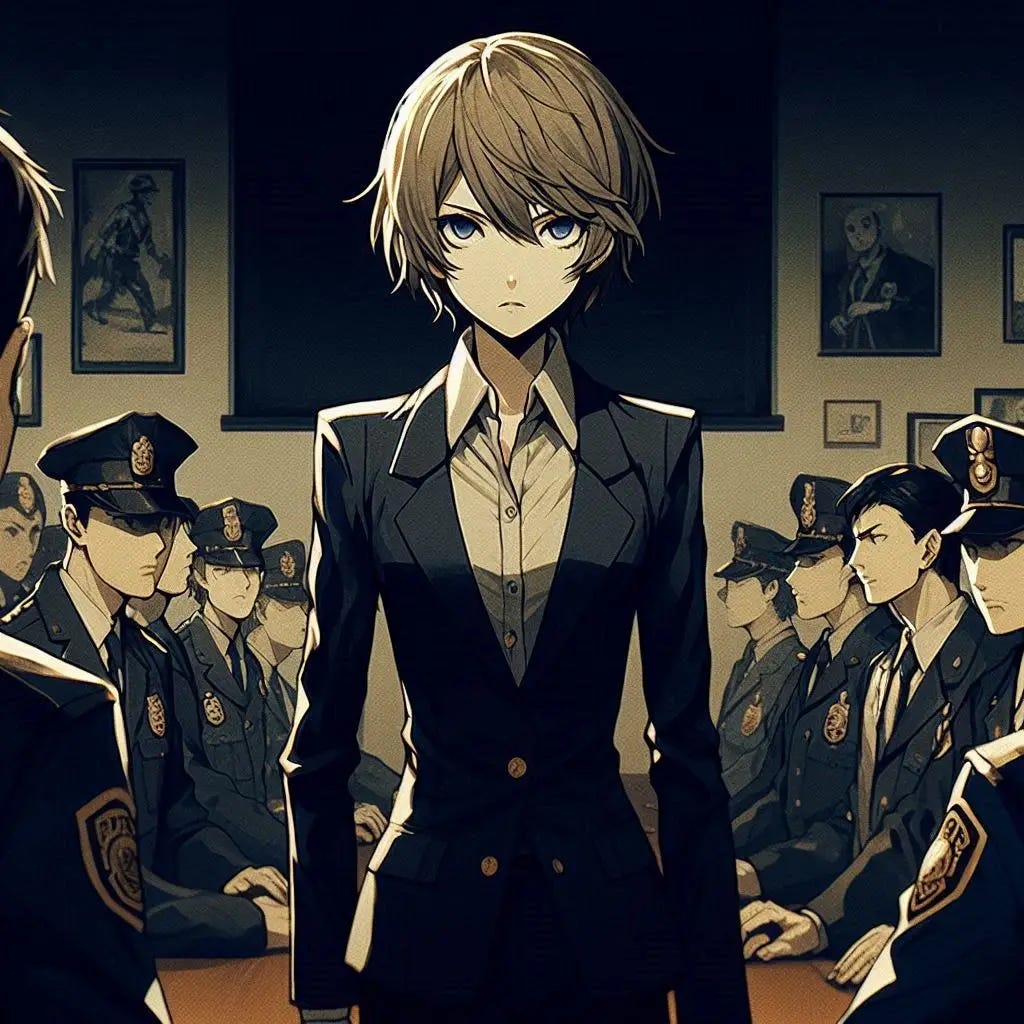 A young skinny woman with short blonde hair wearing a suit looking bold commanding a room of police officers and detectives. and facing the police she is talking to. Anime art style dark.