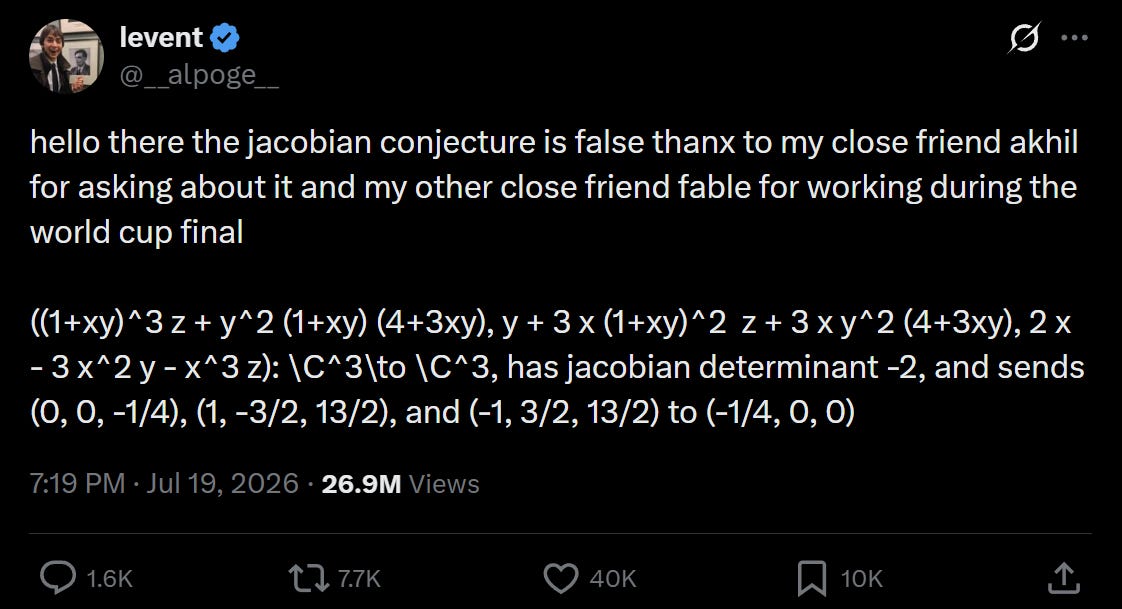 hello there the jacobian conjecture is false thanx to my close friend akhil for asking about it and my other close friend fable for working during the world cup final

((1+xy)^3 z + y^2 (1+xy) (4+3xy), y + 3 x (1+xy)^2  z + 3 x y^2 (4+3xy), 2 x - 3 x^2 y - x^3 z): \C^3\to \C^3, has jacobian determinant -2, and sends (0, 0, -1/4), (1, -3/2, 13/2), and (-1, 3/2, 13/2) to (-1/4, 0, 0)