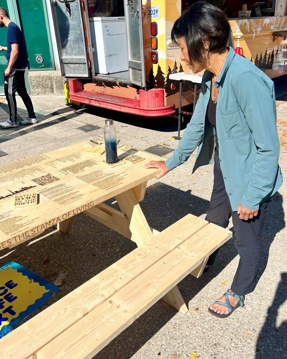 A person standing next to a picnic table

AI-generated content may be incorrect.