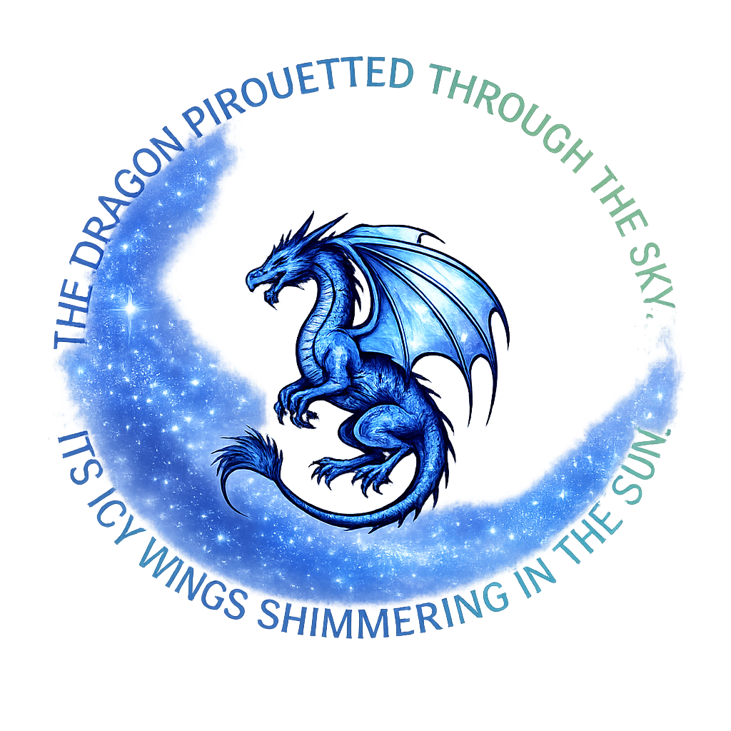 The dragon pirouhetted through the sky. Its icy wings shimmering in the sun. Text surrounds a dragon.