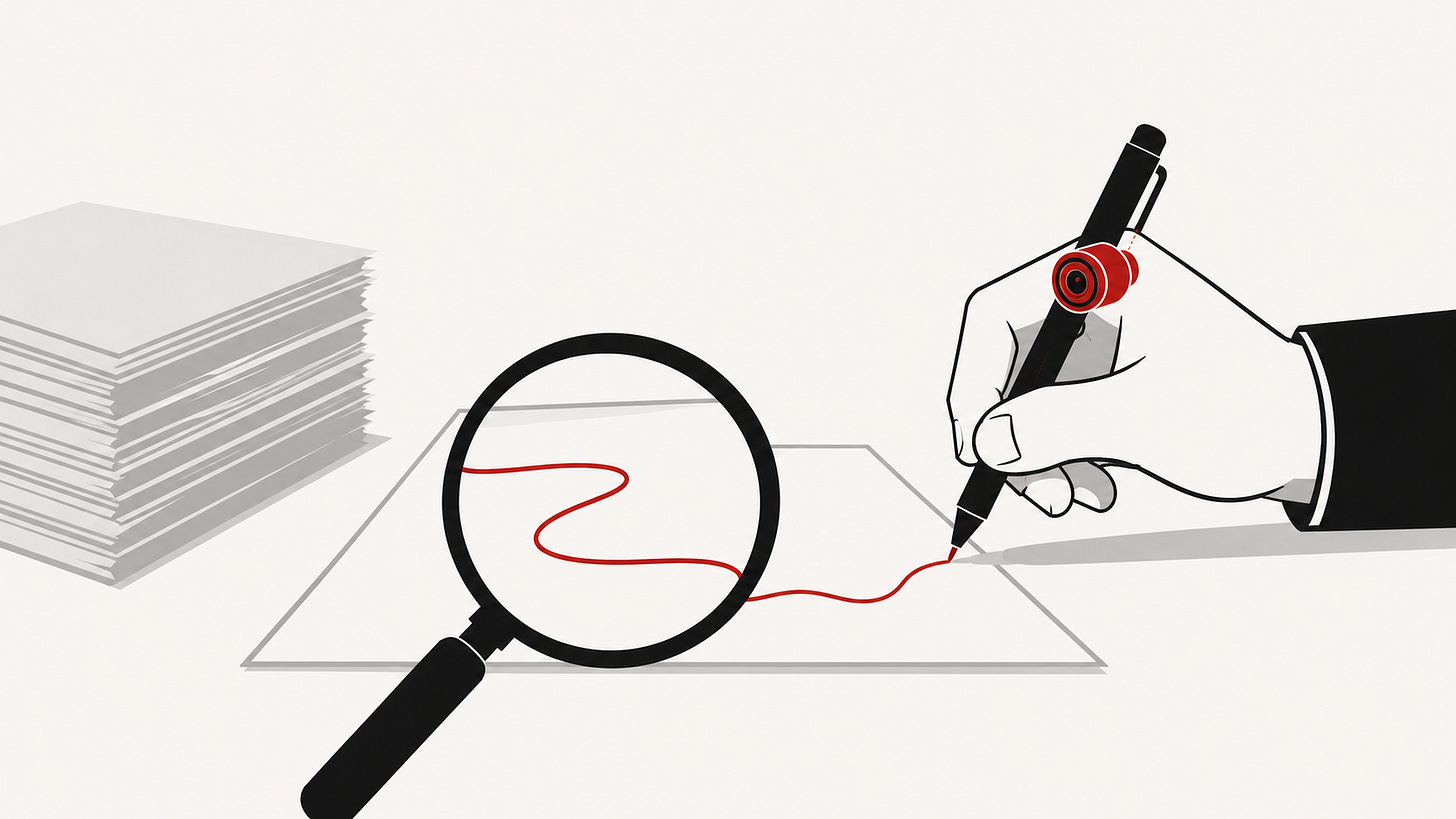 Illustration : à gauche, une pile de copies terminées en gris pâle, ignorée. Au centre, une main tient un stylo dont le trait continu, en rouge, serpente sur la page. Une grande loupe noire est posée sur le trait, pas sur la pile. Sur le corps du stylo, une caméra rouge capte le geste. L'évaluation regarde la fabrication, plus le produit. Illustration : à gauche, une pile de copies terminées en gris pâle, ignorée. Au centre, une main tient un stylo dont le trait continu, en rouge, serpente sur la page. Une grande loupe noire est posée sur le trait, pas sur la pile. Sur le corps du stylo, une caméra rouge capte le geste. L'évaluation regarde la fabrication, plus le produit.