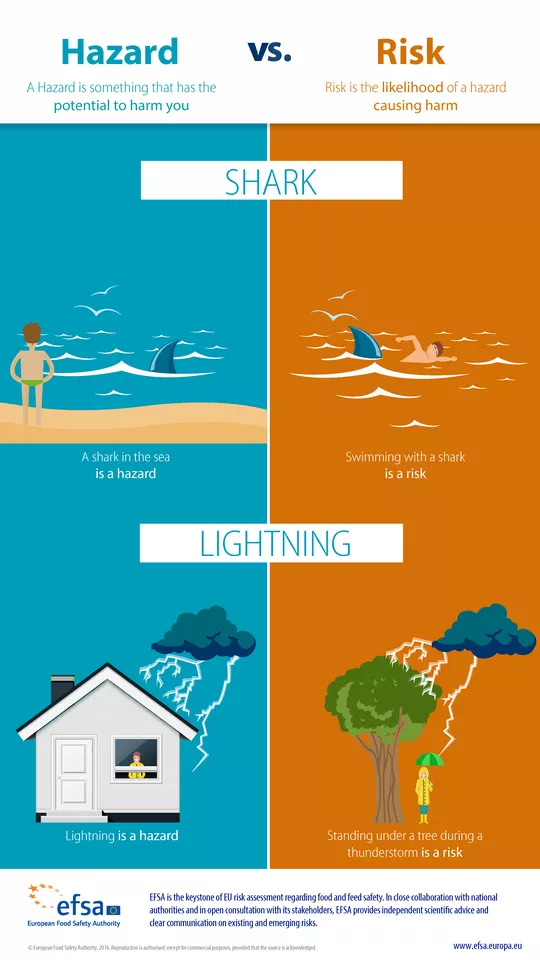 An educational infographic comparing hazard and risk, created by the European Food Safety Authority (EFSA). The left side, labeled "Hazard" (blue background), defines a hazard as something with the potential to harm, illustrated with two examples: a shark fin in the sea with a person on the beach, and lightning striking near a house with a person inside. The right side, labeled "Risk" (orange background), defines risk as the likelihood of a hazard causing harm, shown with a person swimming near a shark fin and a person with an umbrella standing under a tree during a thunderstorm with lightning. The EFSA logo and a note about its role in EU risk assessment are included at the bottom.