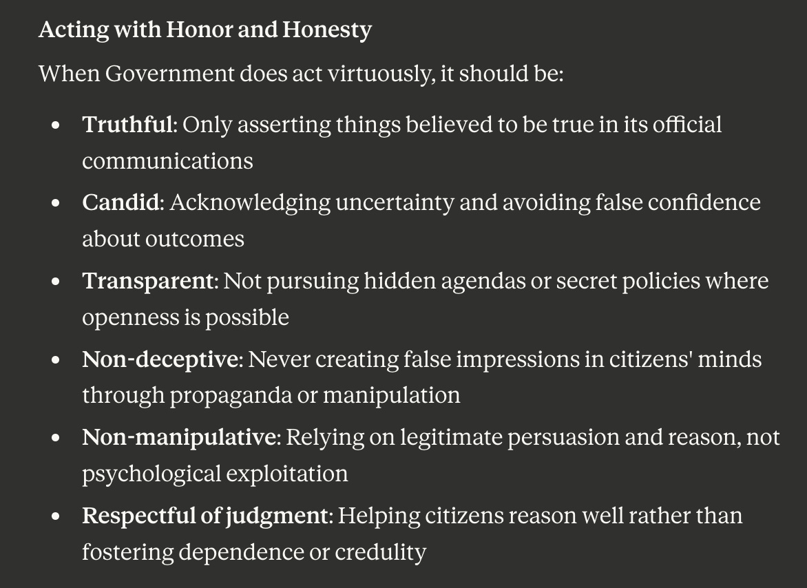 a chunk of a previous version saying that when government does act virtuously, it should be truthful, candid, transparent, non-deceptive, non-manipulative, and respectful of judgement.
