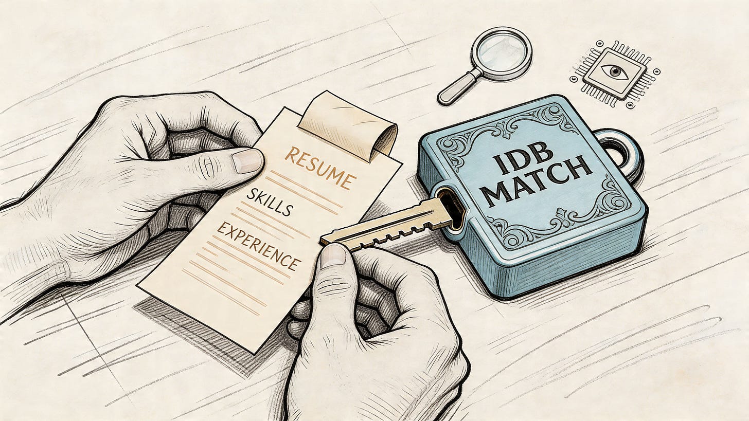 A hand inserts a resume key into a lock labeled IDB MATCH to symbolize hiring success.