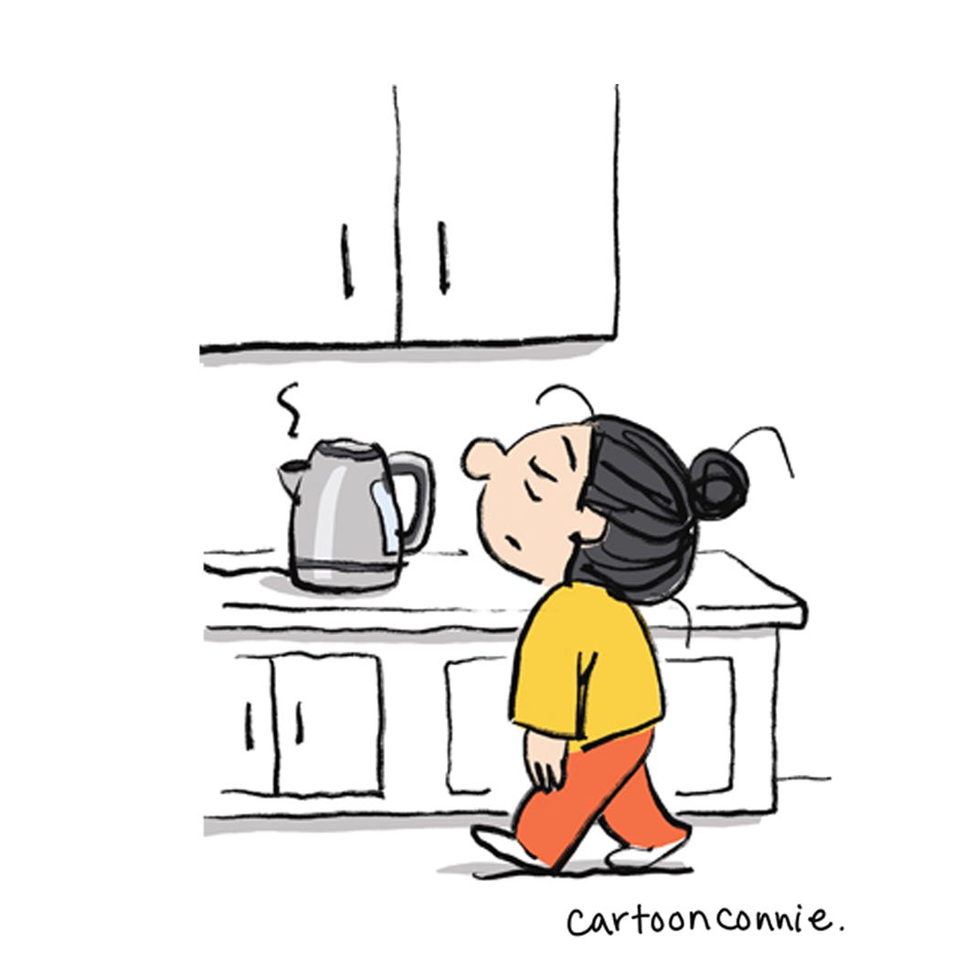 Illustration of a girl with a bun making tea. Excerpt from a comic strip titled "Pep Talk in a Cup," 2025. Original art by Connie Sun, cartoonconnie
