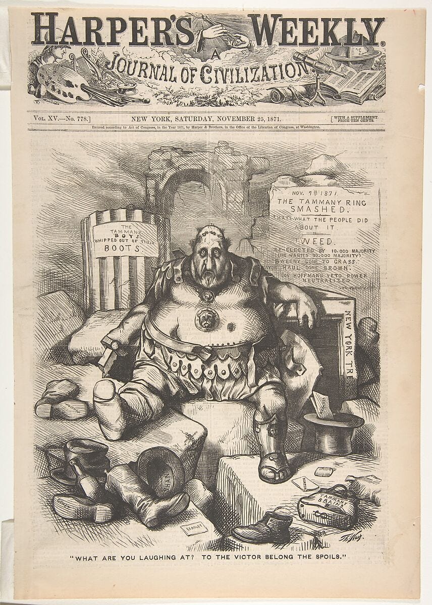 "What Are You Laughing At? To the Victor Belong the Spoils" (from "Harper's Weekly," vol. 15, p. 1097), After Thomas Nast (American (born Germany), Landau 1840–1902 Guayaquil), Wood engraving "What Are You Laughing At? To the Victor Belong the Spoils" (from "Harper's Weekly," vol. 15, p. 1097), After Thomas Nast (American (born Germany), Landau 1840–1902 Guayaquil), Wood engraving