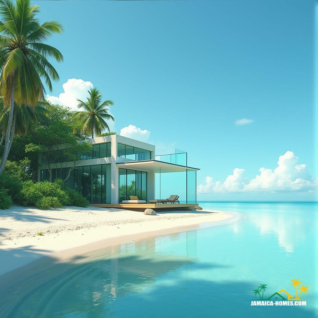  A minimalist, transparent cube house on a pristine Jamaican beach, reflecting the clear blue sky and calm turquoise sea, with palm trees and lush tropical foliage surrounding the structure, in the style of Syd Mead, Hayao Miyazaki, and Ash Thorp, with a cinematic film still aesthetic, shot on 35mm film, featuring film grain, vignette, and color grading, with dramatic, atmospheric lighting.