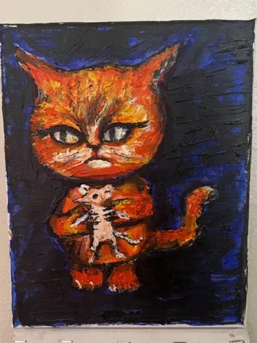 Cat Hugging Mouse  8”/10” art , acrylic. Original by Tim Ozman, - Picture 1 of 2