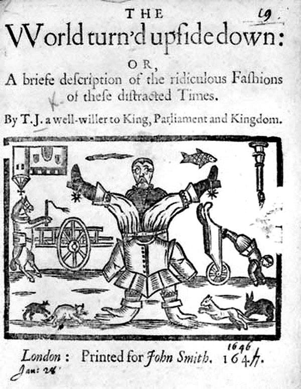 Frontispiece woodcut for the Civil Wars ballad 'The World Turned Upside Down', showing a man in armour with arms for legs and vice versa