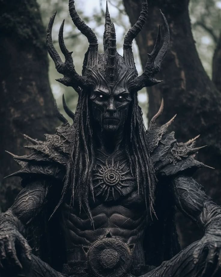 This may contain: a man with long hair and horned horns standing in the middle of a wooded area