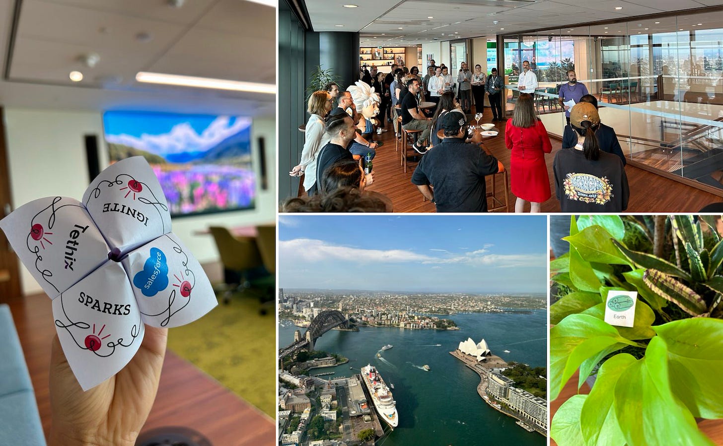 Collage of event photos showing a hand holding a paper spark, a group of participants gathered in Salesforce tower, the view from the tower, and an earth-themed display with plants.
