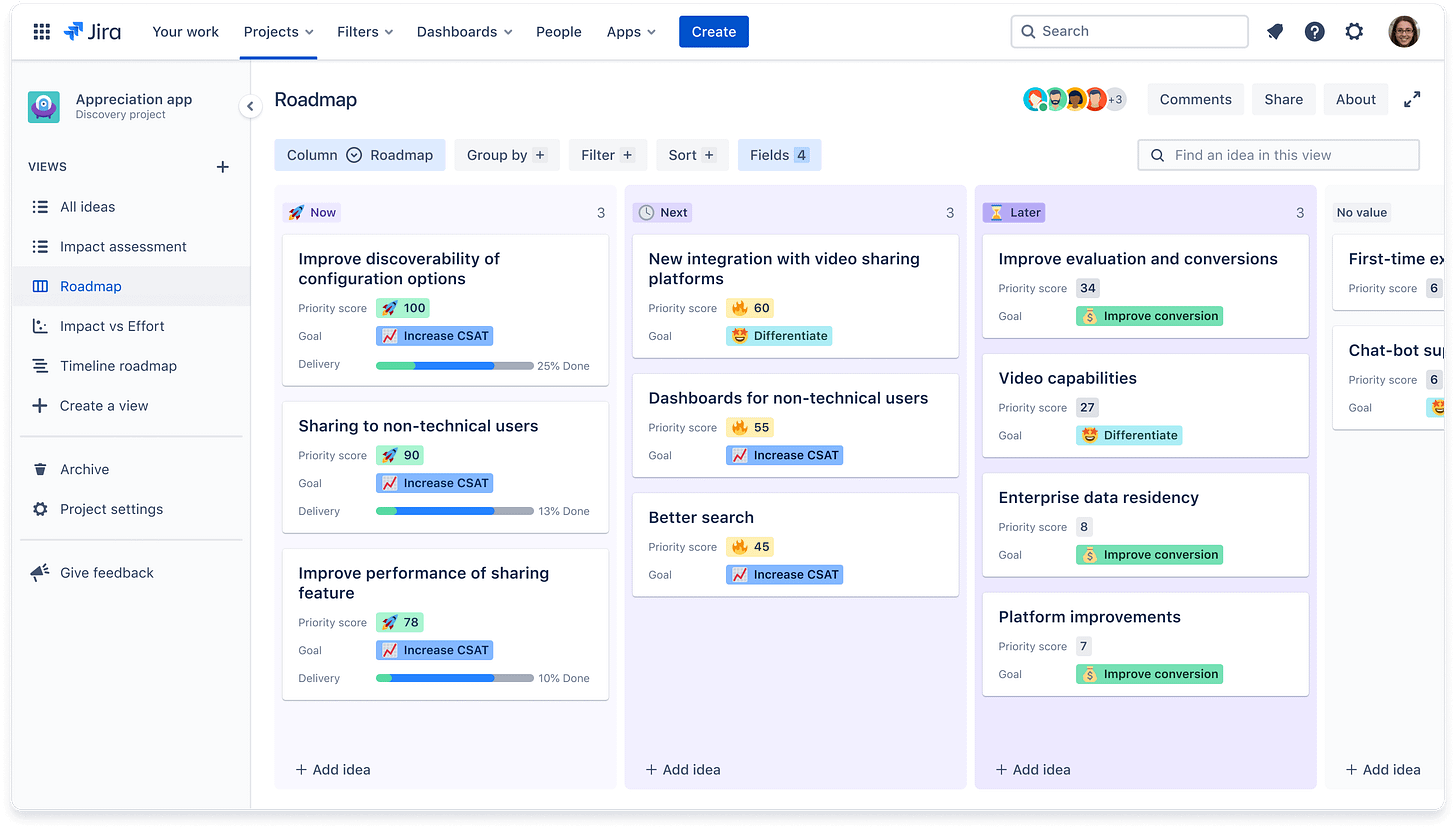 Product roadmap in Jira showing now, next, and later categories for ideas.