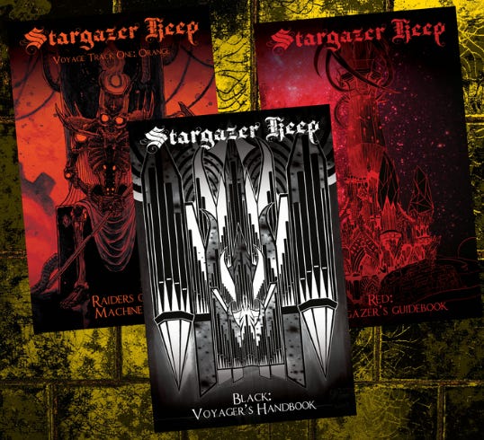 Three zines titled Stargazer Keep. Primary colors are red and black.