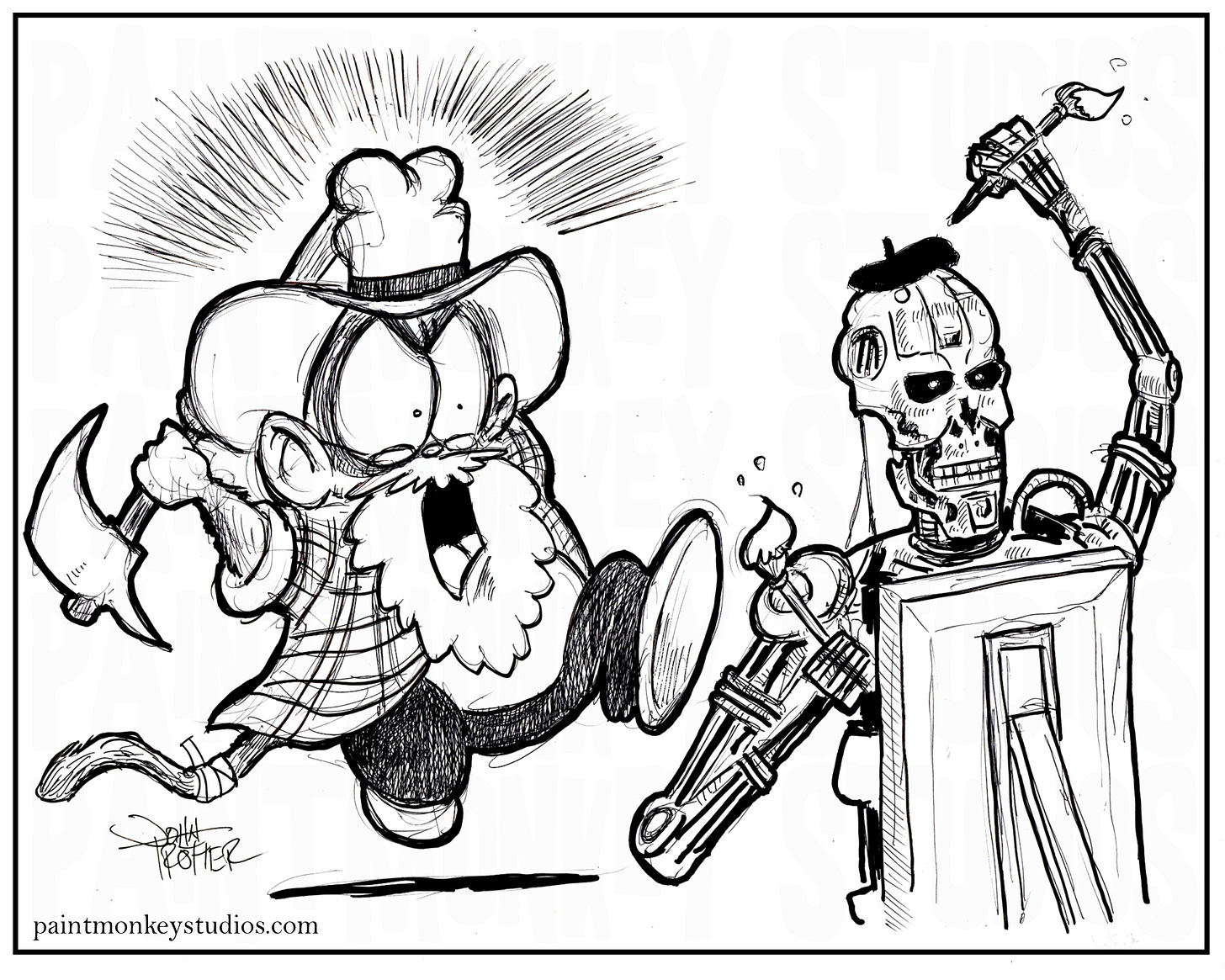 Ink cartoon of the Paintmonkey taking an axe to a Terminator wearing a beret and painting a picture. Ink cartoon of the Paintmonkey taking an axe to a Terminator wearing a beret and painting a picture.