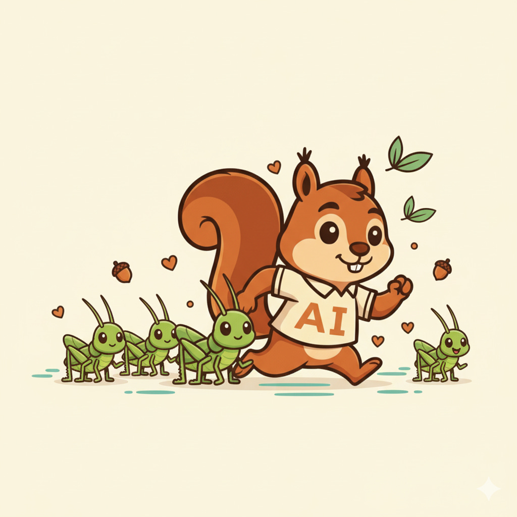 A squirrel with the words AI running with crickets around