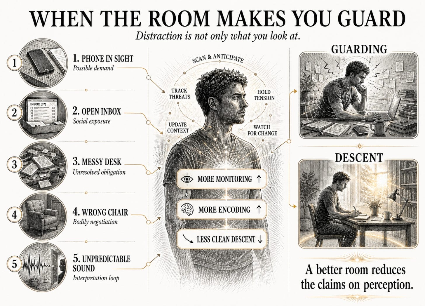 Five environmental triggers point toward a guarding loop, showing how phone, inbox, clutter, discomfort, and sound increase monitoring. Five environmental triggers point toward a guarding loop, showing how phone, inbox, clutter, discomfort, and sound increase monitoring.