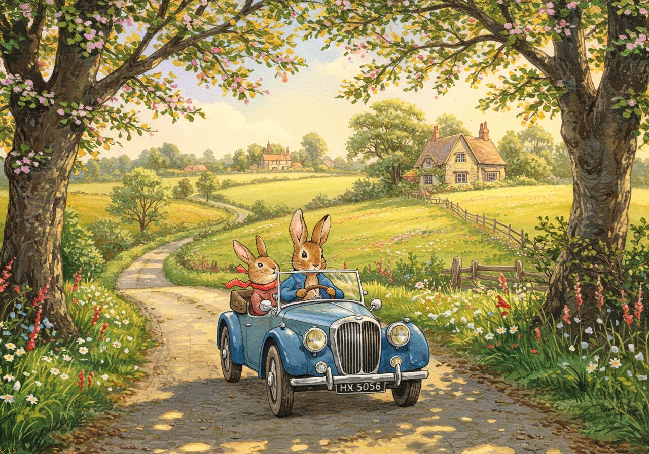 Peter Rabbit driving a car in the English countryside with another rabbit