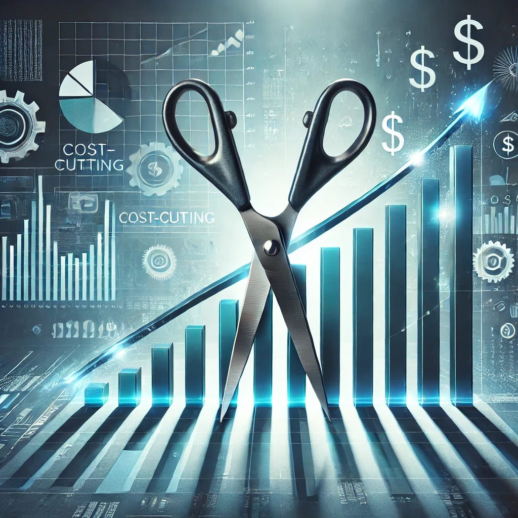 A conceptual illustration of cost-cutting in a corporate environment: a large pair of scissors cutting through a bar graph with descending bars, symbolizing reduced expenses. The image features clean, modern design with a focus on blues and greens to represent financial stability. The background includes subtle icons like dollar signs, gears, and upward arrows to symbolize growth and efficiency. Bright lighting and a professional tone.