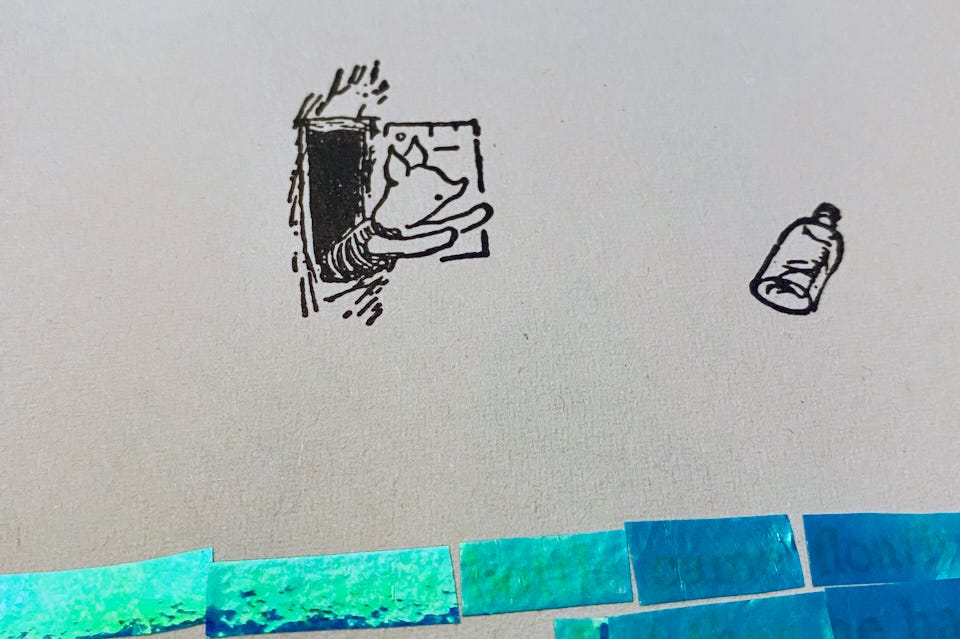 Closeup of an old book page showing an illustration of Winnie the Pooh’s Piglet throwing a large bottle out of the window of his house. Below the illustration are strips of shimmering blue washi tape, covering lines of text.