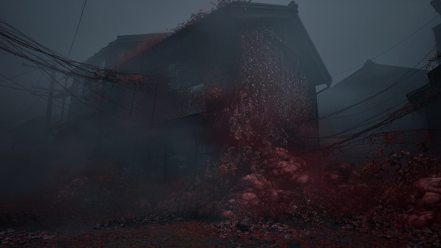 Silent Hill F foggy town covered in red mysterious stuff