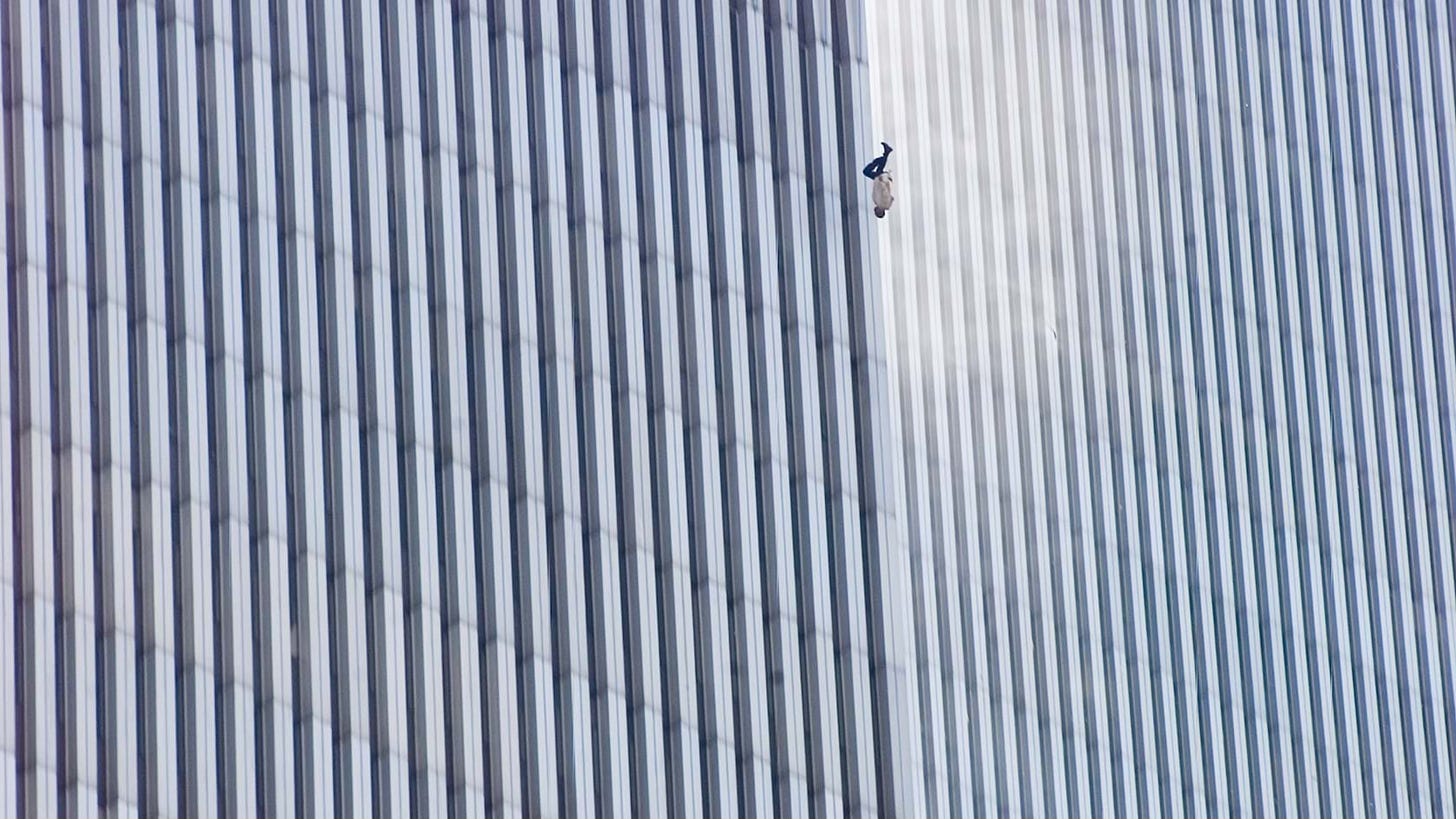 Famous but distressing image of a man jumping from the World Trade Center after the 9/11 attacks.