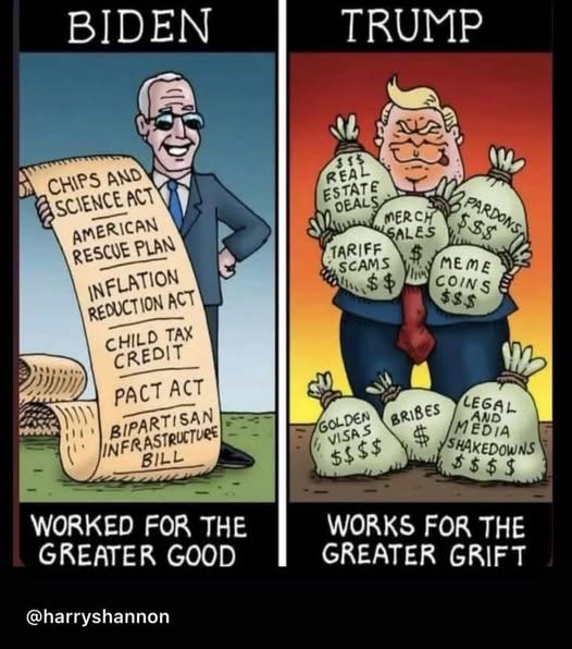 May be an image of the Oval Office and text that says 'BIDEN TRUMP REAL ESTATE DEAL MERO JERCH 대 SALES $$$ TARIFF SCAMS MEME COINS $$$ CHIPS AND SCIENCE ACT AMERICAN PLAN RESCUE INFLATION ACT REDUCTION CHILD TAX CREDIT PACT PACTACT ACT BIPARTISAN INFRASTRUCTURE BILL LEGAL GOLDEN BRIBES MEDIA AND VISS$ $$$$ VISAS $ SHAKEDOWNS $$$$ WORKED FOR THE GREATER GOOD WORKS FOR THE GREATER GRIFT @harryshannon'