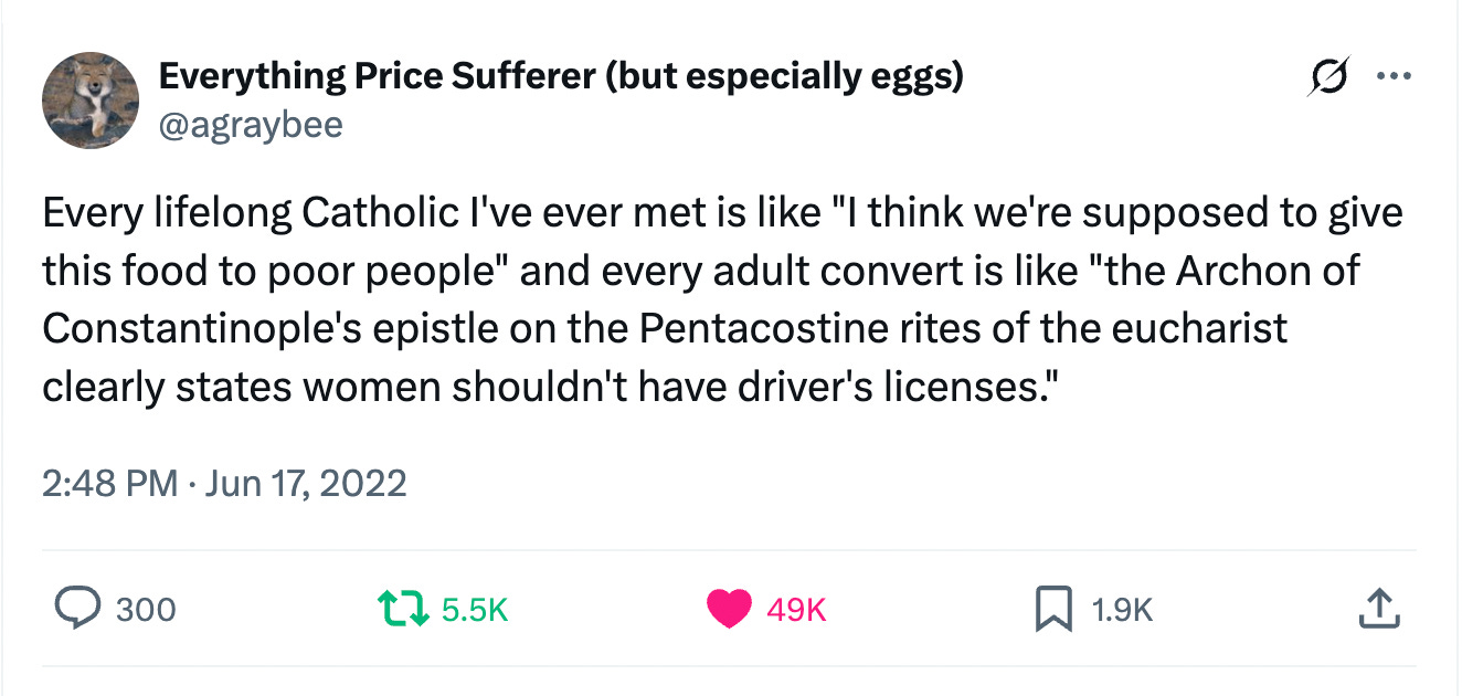 Every lifelong Catholic I've ever met is like "I think we're supposed to give this food to poor people" and every adult convert is like "the Archon of Constantinople's epistle on the Pentacostine rites of the eucharist clearly states women shouldn't have driver's licenses."