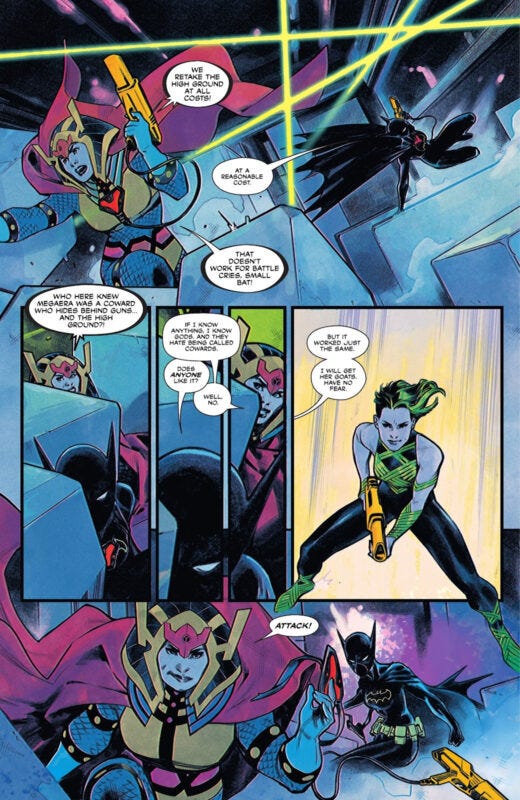 Batgirl and Big Barda challenge Sin to laser tag as a training exercise
