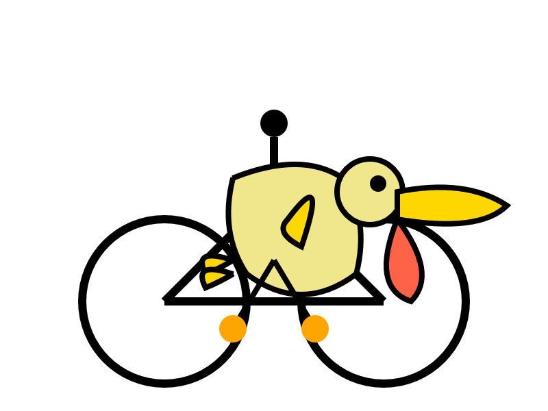 The bicycle has no spokes. The pelican is light yellow and is overlapping the middle of the bicycle, not perching on it - it has a large yellow beak and a weird red lower beak or wattle.