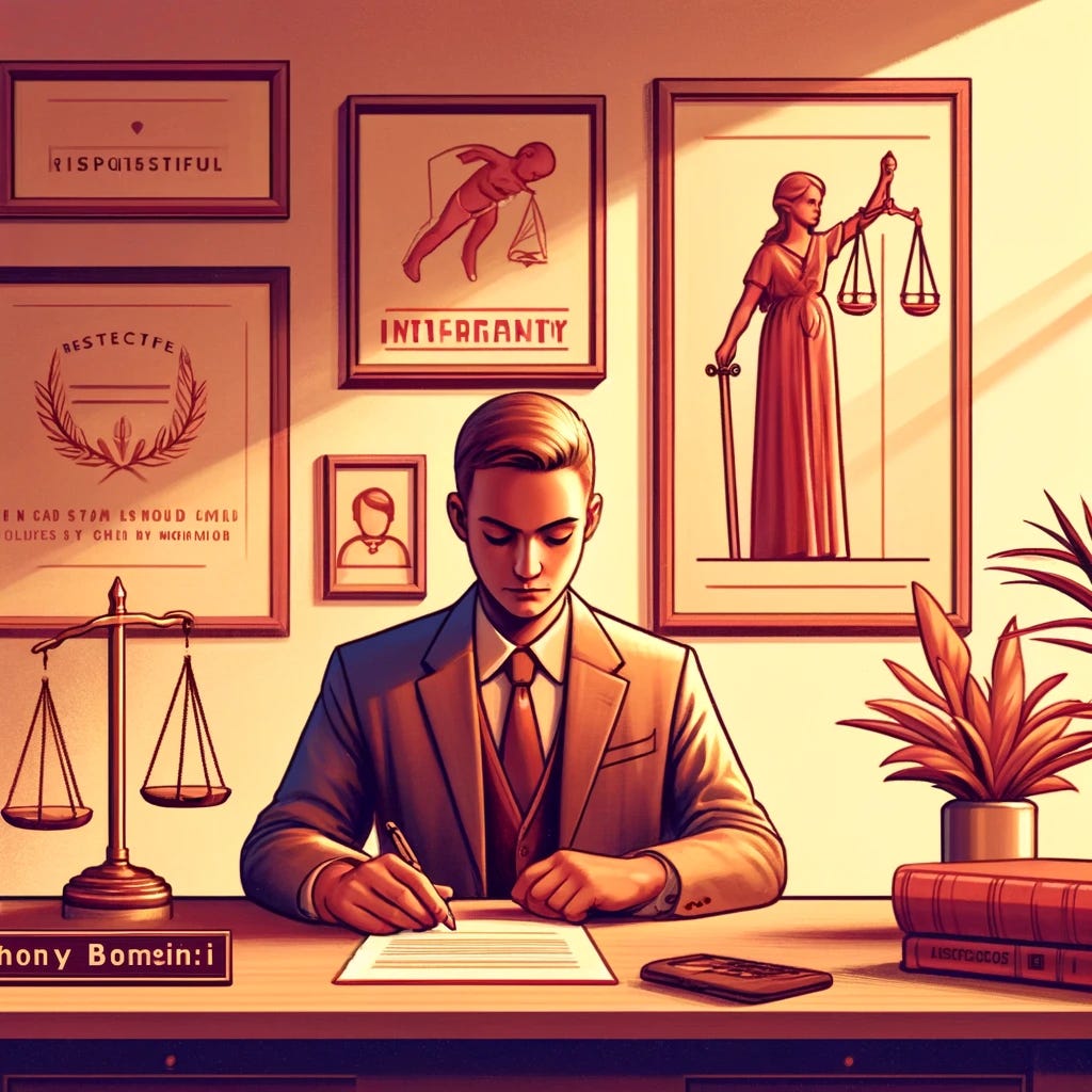 An illustration inspired by Judge Anthony Bompiani’s principles for child custody cases, showing a calm, responsible parent preparing for a custody discussion. The parent is at a desk with documents, symbols of integrity, and family-related elements, such as a framed photo of a child or scales of justice. The scene is warm and calm, with soft colors to convey a sense of empathy, maturity, and focus on the child’s well-being. The atmosphere should feel supportive and dignified, inspired by Bompiani’s advice on respectful and child-centered decisions.