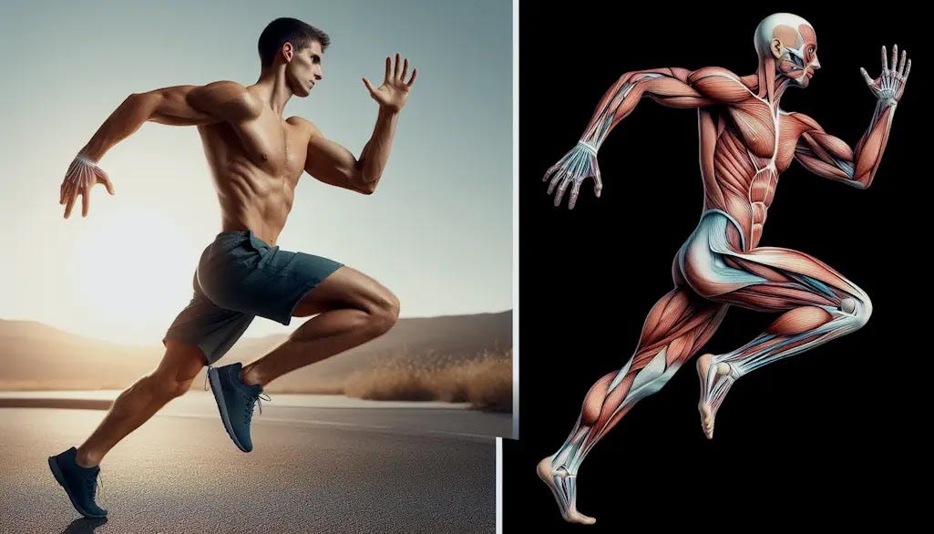 Activating specific muscle groups to enhance strength, stability, and overall physical performance The image contrasts a human figure in action: on the left, a fit figure in a running pose with standard skin tone, and on the right, an anatomical depiction highlighting muscles and tendons in the same stance, illustrating the anatomy of physical activity.