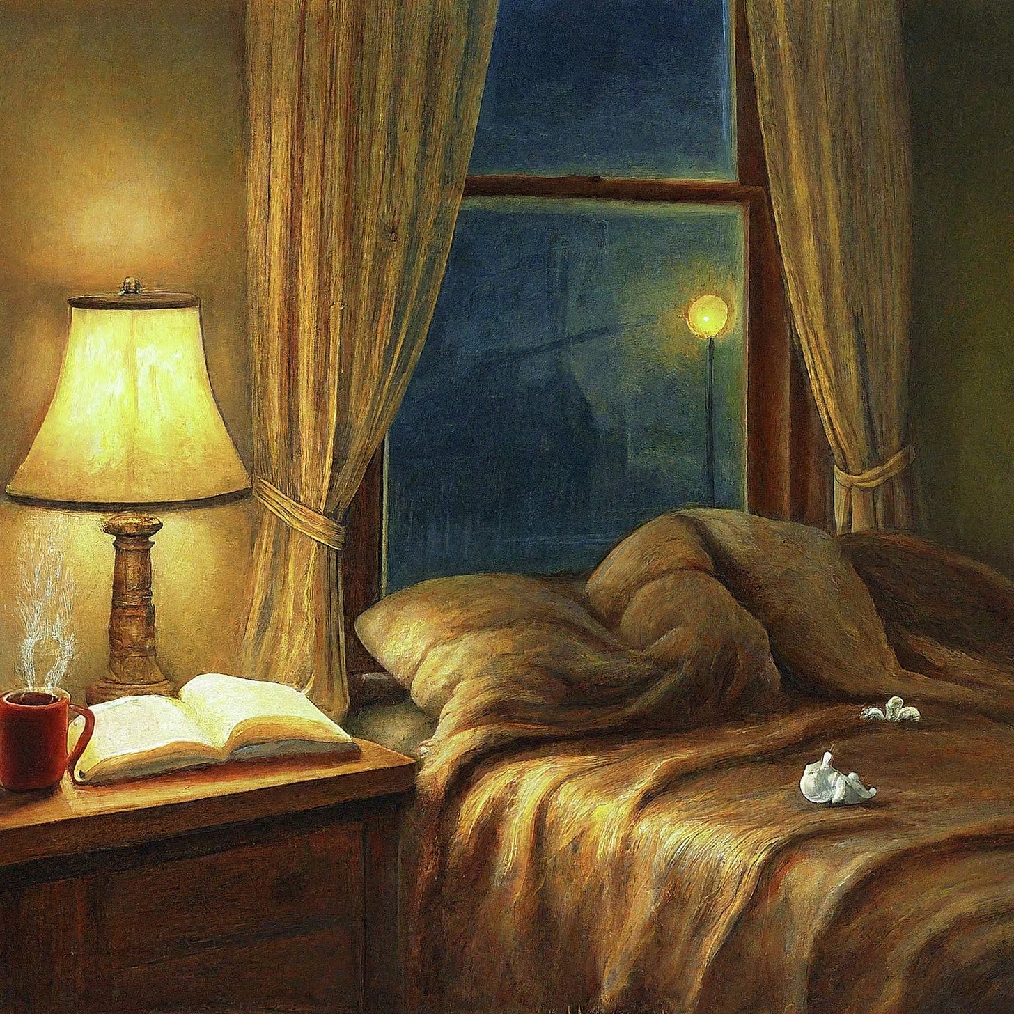 Bed by a lamp underneath a floor to ceiling window 