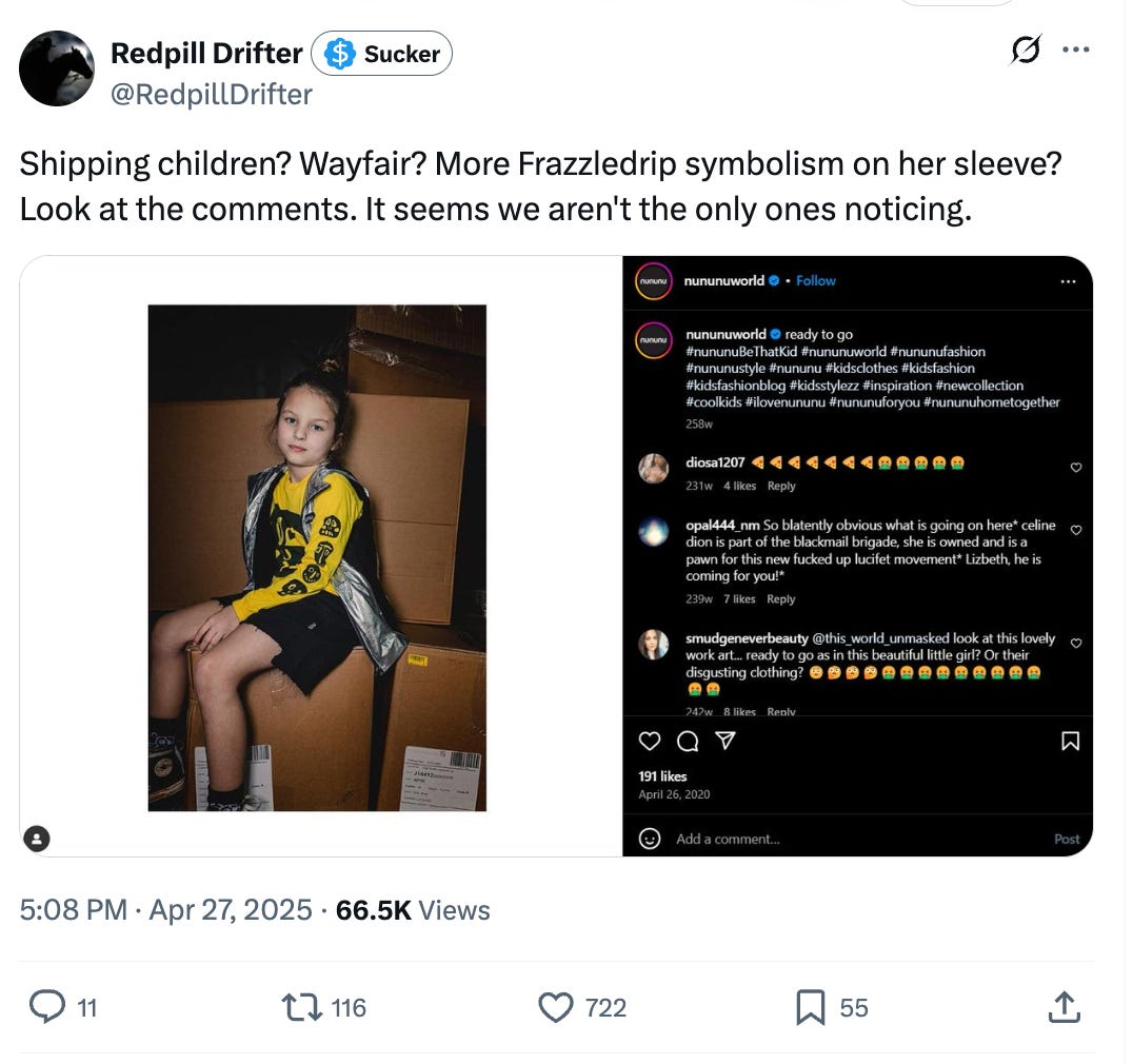 Shipping children? Wayfair? More Frazzledrip symbolism on her sleeve? Look at the comments. It seems we aren't the only ones noticing. Image: Picture of a little girl sitting on cardboard boxes Shipping children? Wayfair? More Frazzledrip symbolism on her sleeve? Look at the comments. It seems we aren't the only ones noticing. Image: Picture of a little girl sitting on cardboard boxes