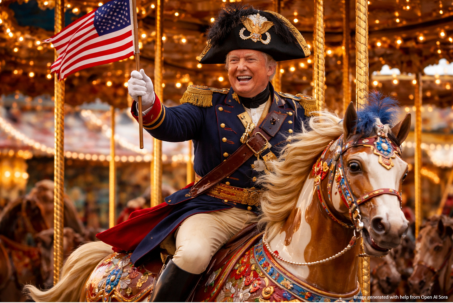 Picture of Donald Trump riding a painted pony on a carousel while adorned in nineteenth century battle gear. He's grinning madly and waving a small American flag. Picture of Donald Trump riding a painted pony on a carousel while adorned in nineteenth century battle gear. He's grinning madly and waving a small American flag.