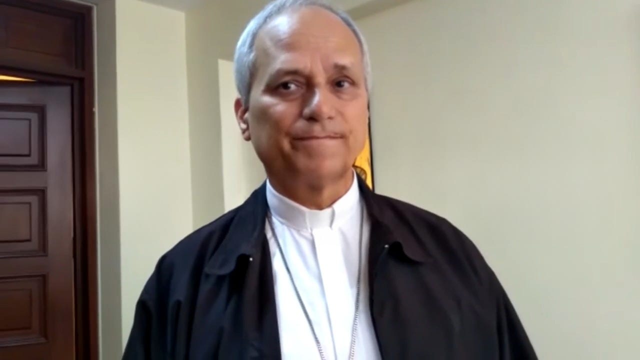Bishop Robert Prevost of Chiclayo during a 2018 television interview Bishop Robert Prevost of Chiclayo during a 2018 television interview